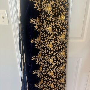 Pakistani Formal Velvet Shawl - Navy Blue with Gold Embroidery